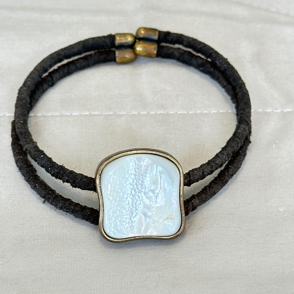 Large Mother of Pearl stone on double band, black cuff bracelet  w/